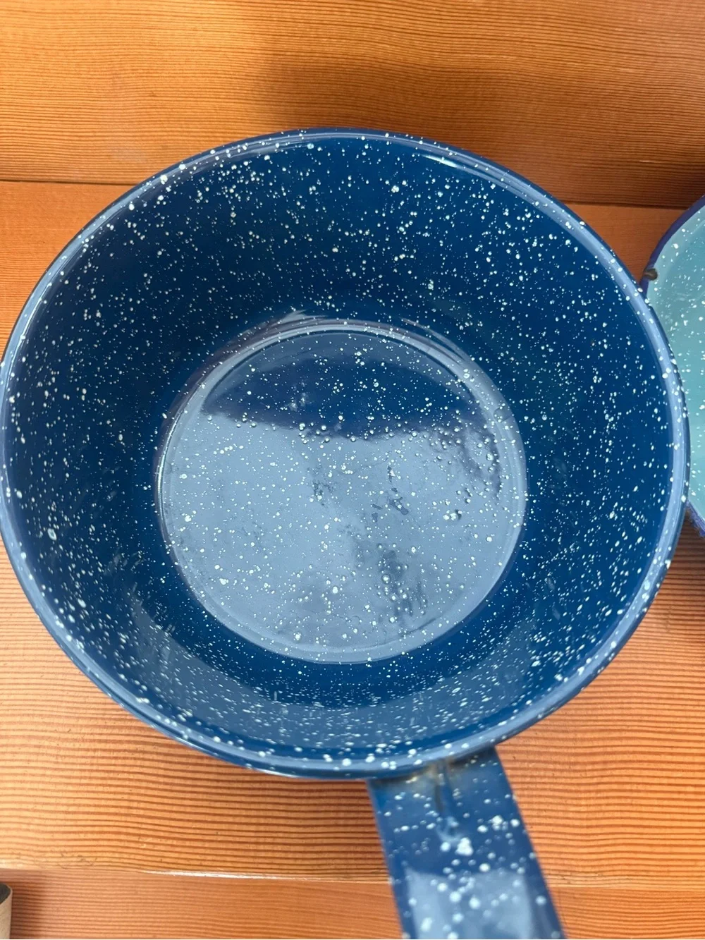 2 Blue Speckled Enamel Saucepans for camping, decor or up-cycle